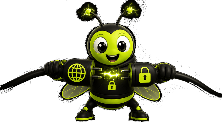 The Latch mascot joining two cable connectors — one marked with a globe, one with a padlock — with a spark of light where they meet.