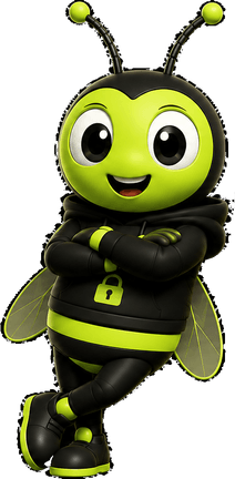 The Latch mascot, a friendly lime-and-black bee in a hoodie with a padlock crest, leaning with its arms crossed.